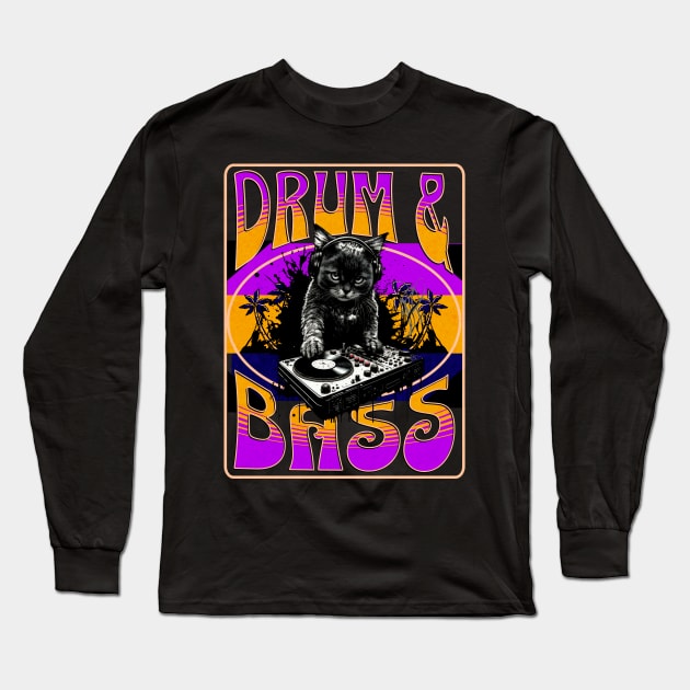 DRUM AND BASS  - Psychedelic Cat DJ (orange/purple) Long Sleeve T-Shirt by DISCOTHREADZ 